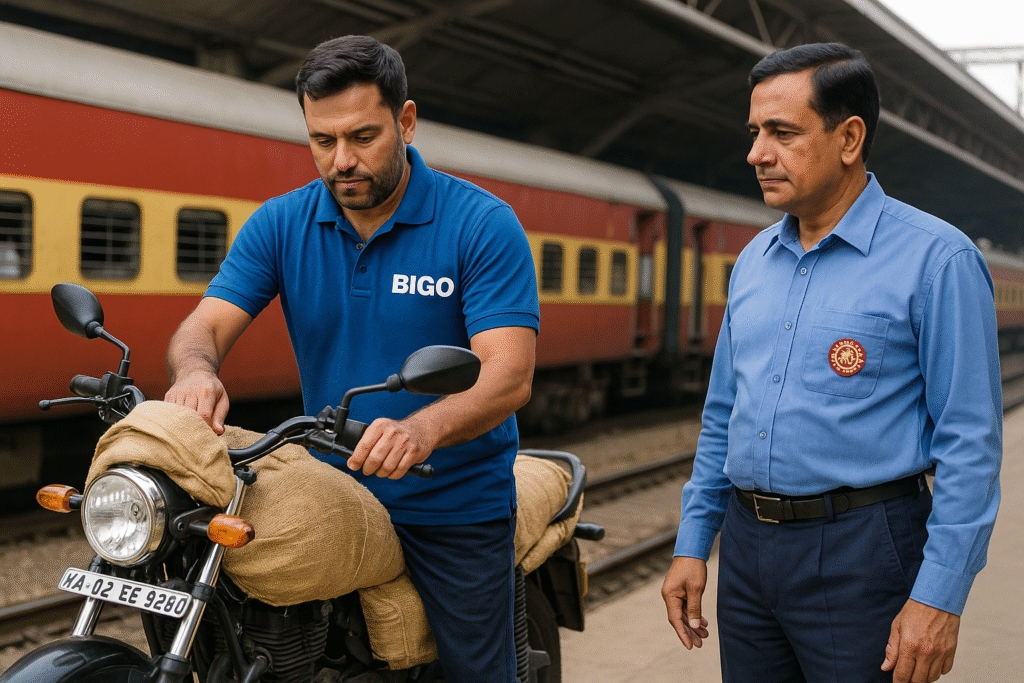 Bigo Packers and Movers staff packing a bike for transport as Indian Railway employee supervises.