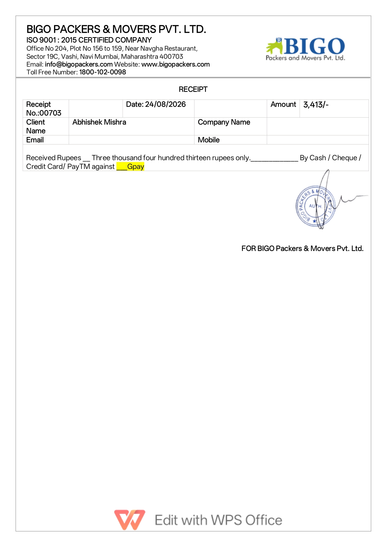 Money receipt sample copy for relocation payment – Bigo Packers and Movers