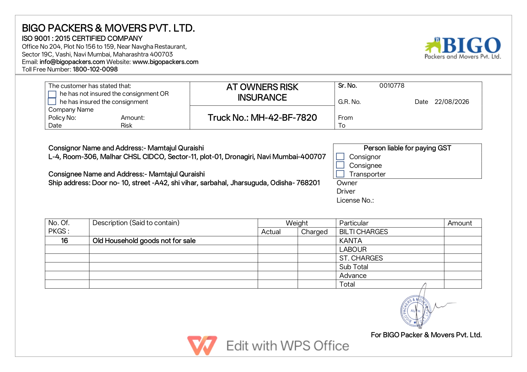 Goods Consignment Note (Lorry Receipt / Bilty) sample copy – Bigo Packers and Movers