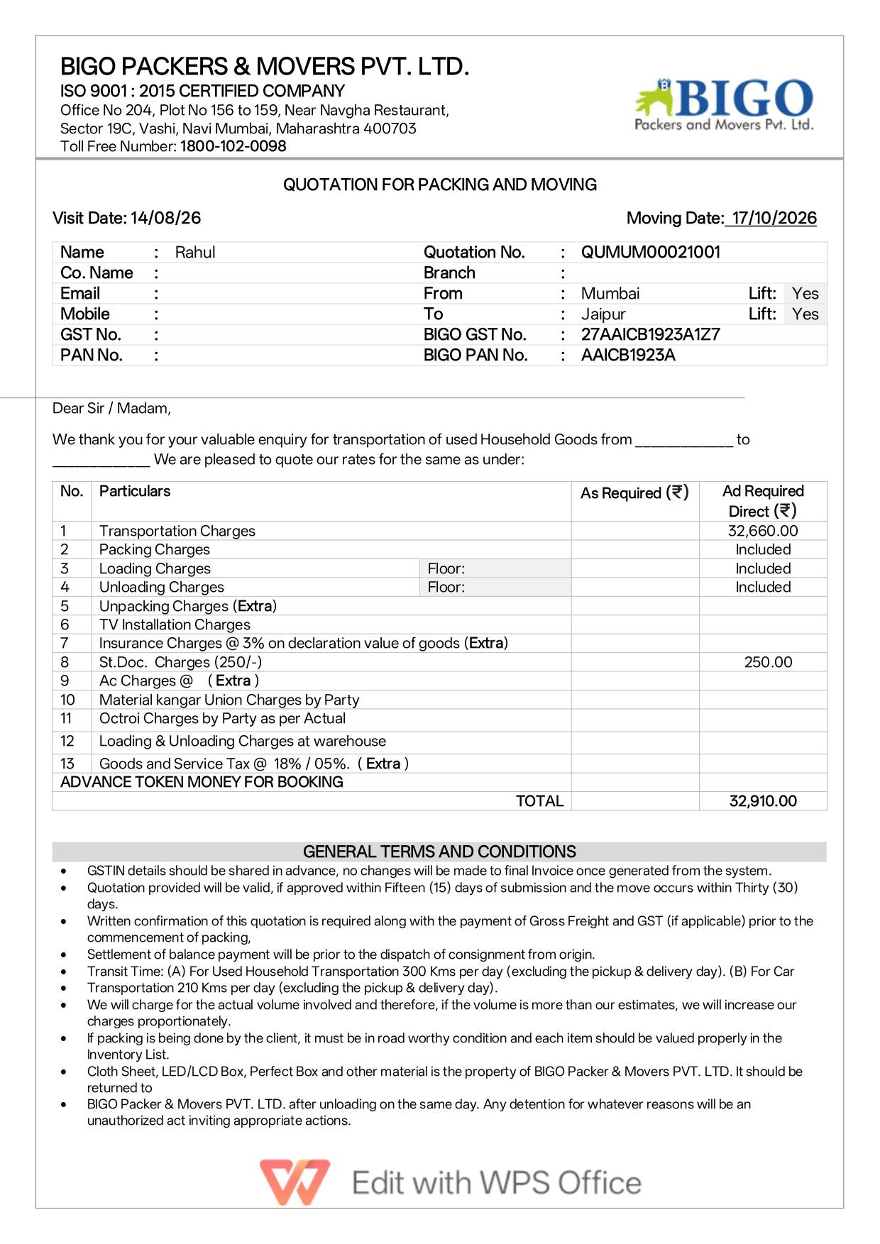 Packers and Movers Quotation Sample Page 1 showing client and quotation details – Bigo Packers and Movers