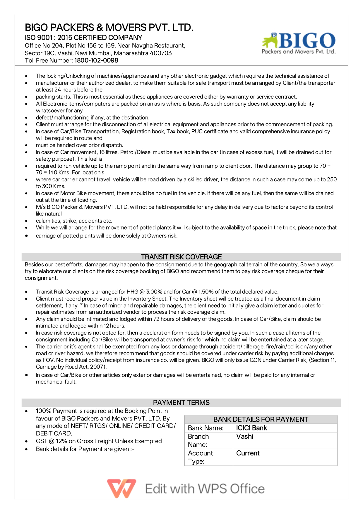 Packers and Movers Quotation Sample Page 2 showing consignment note and item list – Bigo Packers and Movers