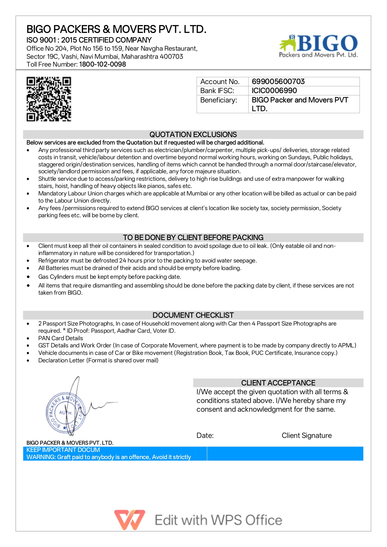 Packers and Movers Quotation Sample Page 3 with transit insurance and acceptance section – Bigo Packers and Movers