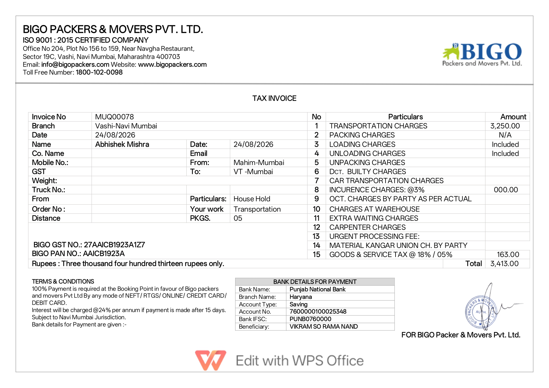 Sample GST Invoice and IBA approved bill example – Bigo Packers and Movers (Sample Copy)